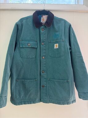 Carhartt Teal Duck Canvas Chore Coat with Brown Corduroy Collar